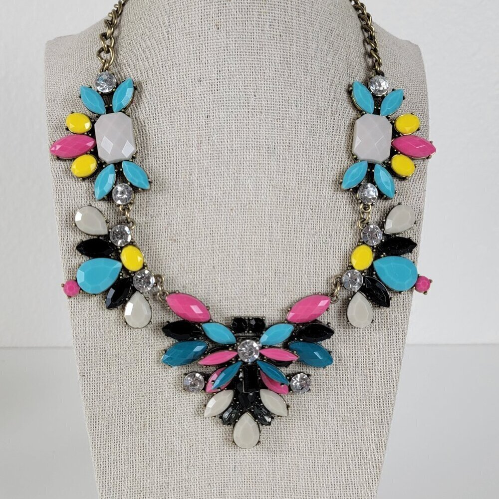Multi Color Crystal Statement Bib Necklace 21 Inch Brass Tone Lobster Clasp